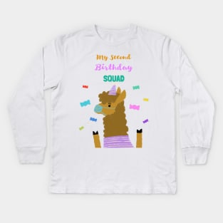 My Second Birthday Squad - Second Birthday quarantined lama with face mask. Kids Long Sleeve T-Shirt